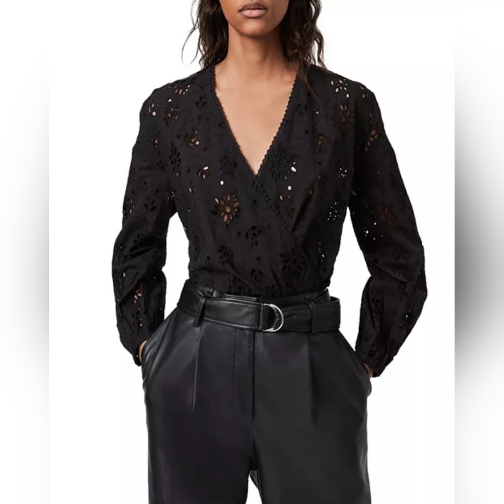 All Saints Black Amara Broderie Bodysuit, Eyelet Design, NWT, Size 6